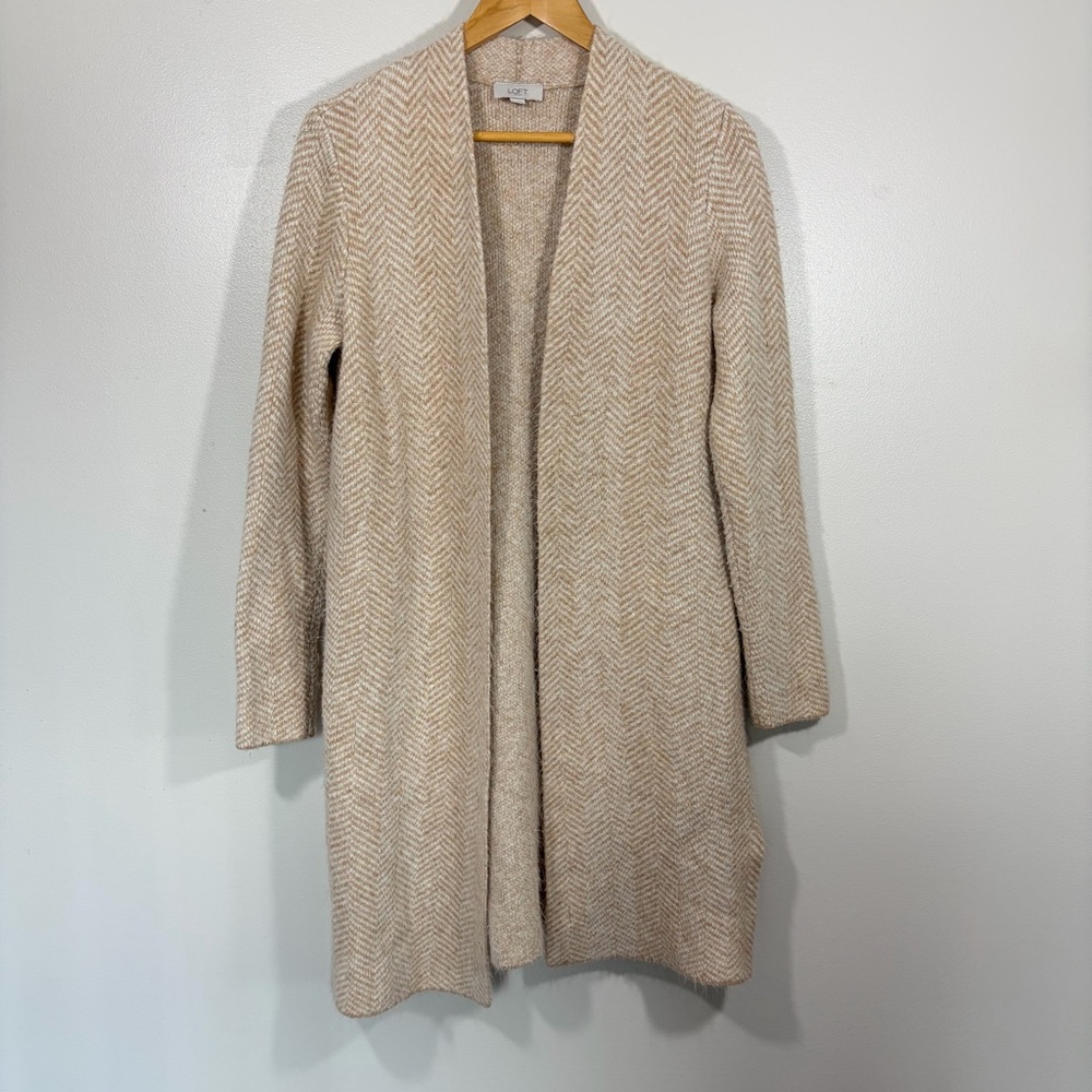 Loft Cream Knit Cardigan Sweater Longline Open Herringbone Pattern Neural Cozy